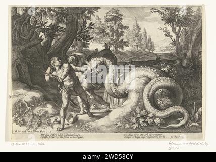 Cadmus-Gefährten, die von einem Drachen, Robert de Baudous, gefressen wurden, nachdem Hendrick Goltzius, 1591–1659 gedruckt hatte, werden die Männer von Cadmus von dem Drachen getötet, der die Wasserquelle überwacht. Druckerei: Nördliche Niederlande: Amsterdamer Papierstich Cadmus' Gefährten, die Wasser holen sollen, werden von dem Drachen getötet, der die Quelle bewachte Stockfoto