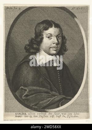 Porträt von Aernout Carlier, Hendrik Bary, 1658–1660 Druckbüste von Aernout Carlier im Alter von 31 Jahren in Ovaal. Mit einer Unterschrift aus zwei Zeilen auf Niederländisch. Niederlande Papiergravur Stockfoto