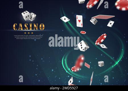 casino-Vektor-Banner. Auf grün leuchtendem Sci-fi-Hintergrund. Mit Spielkarten, Chips und Würfeln. Stock Vektor