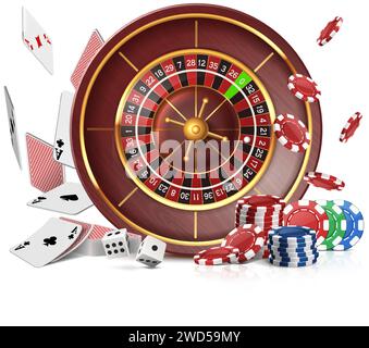 Casino Roulette Rad mit fliegenden Karten, Poker Chips und Würfeln. Isoliert auf weiß. Stock Vektor