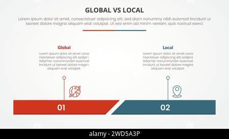 Globales vs. Lokales vs. Vergleich gegensätzliches Infografikkonzept für Folienpräsentation mit prozentualem horizontalen Balken mit flachem Vektor Stockfoto