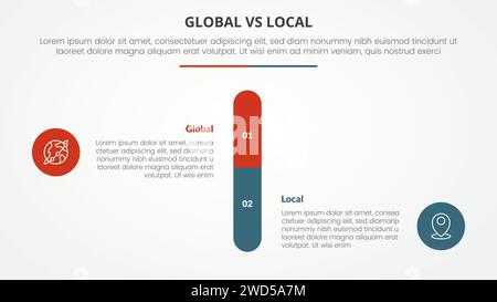 Globales vs. Lokales vs. Vergleich gegensätzliches Infografikkonzept für Folienpräsentation mit rundem vertikalen Balkenprozentsatz mit flachem Vektor Stockfoto