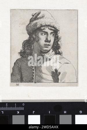 Büste eines jungen Mannes, Michael Sweerts, 1656 Büste eines Jungen mit mittellangen lockigen Haaren, mit einem Pelz auf dem Kopf. Er schaut über seine linke Schulter. Ist Teil einer Serie von 12 Ausdrucken mit Studien von Gesichtern. Brüsseler Zeitung ätzt Jugend, Jugendliche Stockfoto
