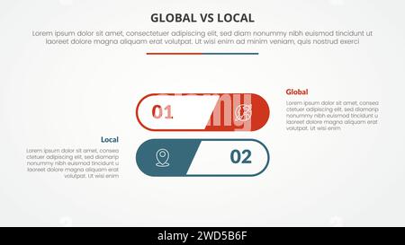 Globales vs. Lokales vs. Vergleich gegensätzliches Infografikkonzept für Folienpräsentation mit runder Umrissform und flachem Vektor Stockfoto