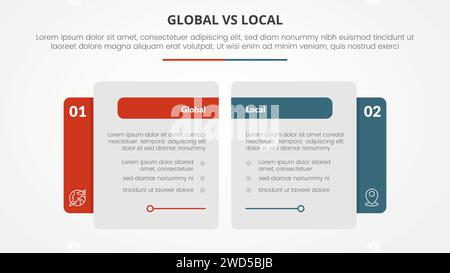Global vs. Lokal vs. Vergleichendes Infografikkonzept für Folienpräsentationen mit kreativer großer Tischseite mit flachem Vektor Stockfoto