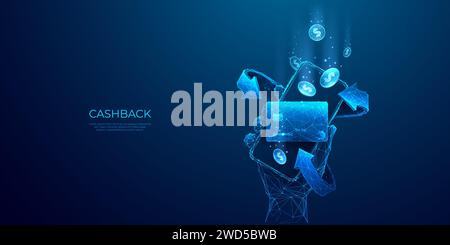 Cash-Back-Konzept. Abstraktes 3D-Telefon in einer Hand mit Kreditkarte Stock Vektor