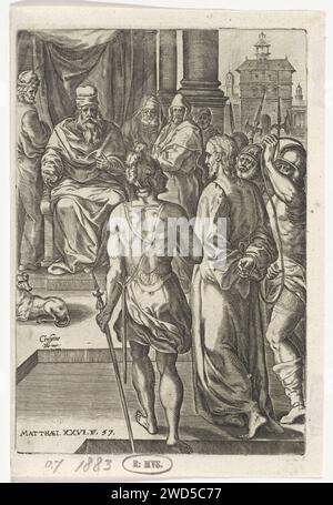 Christus für Herodes, Johannes Wierix, nach Chrispijn van den Broeck, 1576 Druck Christus wird König Herodes von bewaffneten Soldaten gebracht. Herodes verhört Christus, aber er antwortet ihm nicht. Herodes verspottete und seine Soldaten Christus. Butter mit der Aufschrift "Matthæi.Cap.xxvi.vs.57". Antwerpener Papierstich Christus vor Pontius Pilatus (Matthäus 27:11-26; Markus 15:2-15; Lukas 23:2-7, 23:13-25; Johannes 18:28 - 19:16) Stockfoto