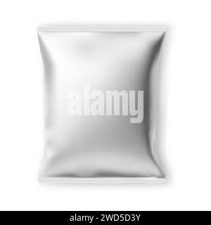 Modell für Folienverpackungen mit Kartoffelchips. Chip-Snack-Beutel-Design, isoliert auf weißem Hintergrund. Elegante silberne Beutelschablone für leckere appetitliche Scheiben, Stock Vektor