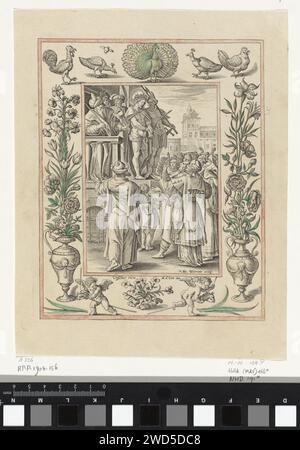 Christus dem Volk gezeigt, Antonie Wierix (II), nach Maerten de Vos, 1582–1586 Druck Pontius Pilatus zeigt dem jüdischen Volk den gebürsteten Christus. Die Leute rufen zu seiner Kreuzigung. Die Show wird in einem Zierrahmen gefangen, der mit Putten, Blumenvasen und Geflügel verziert ist. Druckerei: Antwerpen: Amsterdamer Papierstich Pilatus zeigt Christus an den Menschen, 'Ostentatio Christi', 'Ecce Homo' (Johannes 19,4-6). Ziervögel: pfau. Blumen Stockfoto