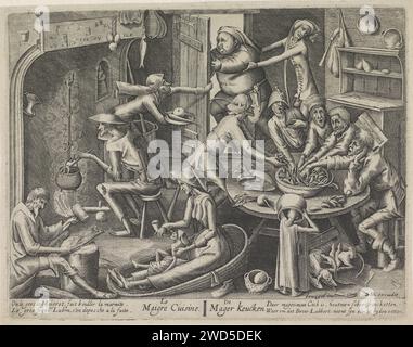 Lean Cuisine, Hans Liefrinck (I) (möglich), nach Pieter van der Heyden, nach Pieter Bruegel (I), 1597 - 1649 drucken Kücheneinrichtung mit kargen Menschen essen Muscheln am Tisch. Ein Mann rührt sich in einem Wasserkocher auf dem Feuer und gibt einer Frau vorne ein Kind aus einem Trinkhorn zu trinken. Oben versucht ein fetter Mann, aus der mageren Küche zu fliehen, während zwei magere Leute versuchen, ihn zu kriegen. Unter der Show ein zwei-Wege-Vers auf Französisch und Niederländisch. Die Haager Papiergravur Kücheneinrichtung. Schlechte Küche. Dünn (menschlicher Typ). Stillstuhl (Niederländisch: „Bakermat“) Stockfoto