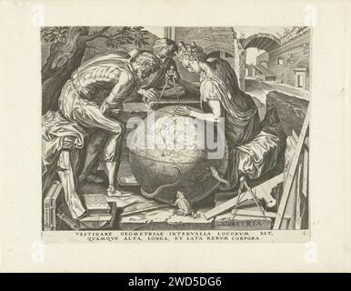 Geometrie (Meetkunde), Cornelis Cort, nach frans Blume (1), 1565 Druck Geometria, eine Frau mit einer Krone der Stadt auf dem Kopf, misst den Abstand zwischen zwei Punkten mit einem Passanten auf einem Globus. Zwei Männer beobachten mit ihr. Messgeräte und Bücher sind am Boden. Ein Pfad und eine Schlange versuchen, die Kurve des Globus hinaufzuklettern. Im Hintergrund Ruinen von antiken Gebäuden. Antwerpener Papiergravur „Geometrie“ ( quadrivium); „Geometrie“ (Ripa) Stockfoto
