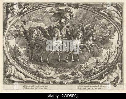 Apollo und die vier Jahreszeiten, Philips Galle, nach Jan van der Straet, ca. 1578 - ca. 1582 Zentral zu einer Kartusche, Apollo (SOL) in seinem Wagen in der Luft. Die Personifizierungen der vier Jahreszeiten sind auf dem Boden. In den Ecken außerhalb der Kartusche die vier Personifizierungen der Jahreszeiten. Der Druck hat eine lateinische Unterschrift und ist Teil einer Serie über die vier Jahreszeiten. Druckerei: Antwerpen Design von: Florencepublisher: Antwerpener Papierstich Jahreszeiten des Jahres (insbesondere Personifikationen); 'Stagione', 'Le quattro stagione dell'anno' (Ripa). Apollo im Wagen der Sonne, gezogen von vier Pferden Stockfoto
