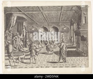 Daniël für König Nebukadnessar, Johannes oder Lucas van Doechum, nach Hans Vredeman de Vries, werden 1585 Druck Daniël und drei weitere junge Israeliten König Nebukadnessar präsentiert. Der König, links auf dem Thron, weist sie an, sie zu lehren, damit sie sich dem König anschließen können. Unter dem zeigen Sie dann einen Verweis auf den Bibeltext in lateinischer Sprache. 1. Antwerpener Papierätzer Israeliten (meist vier) werden dem Prinzen der Eunuchen vorgeführt, weil König Nebukadnezar sie im Palast erziehen lassen will (Daniel 1) Stockfoto