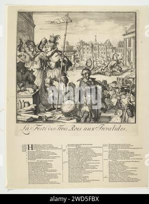 Cartoon auf dem Flug von Jacobus II nach Franrkijk, 1689, Romeyn de Hooghe (zugeschrieben), nach Romeyn de Hooghe, 1689 Print Cartoon auf dem Flug von Jacobus II nach Frankreich und seine Ankunft dort auf Epiphany (6. Januar) 1689. König Ludwig XIV. Umarmt Maria van Modena, die mit dem armen Kind angekommen ist. Vor rechts König Jakobus II. In Kleidung mit Jacobsschelpen verziert. In der Mitte der Jesuitenvater Peters (Edward Petre) mit einer päpstlichen Krone unter seinem Mantel. Im Hintergrund fällt der Dauphin von einem von Pferden gezogenen Schlitten. Unter dem zeigen Sie einen Vers in 3 Spalten mit einer Aussage der Figur Stockfoto