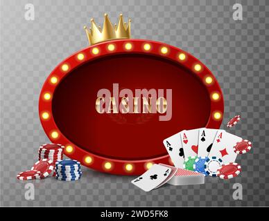 Casino-Banner mit Chips und Äxten mit Würfeln, realistischen Ikonen. Stock Vektor