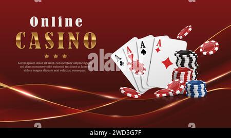 Casino-Hintergrund. Rotes luxuriöses wellenförmiges Banner mit goldenen Linien. Karten und fliegende Spielchips. Stock Vektor