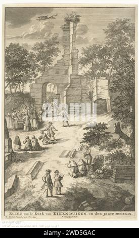 Blick auf die Ruinen der Eichen- und Dünenkirche, 1729, Francois van Bleyswijck, 1729 - 1736 Drucken Blick auf die Ruine der Eik und Duinen, ein ehemaliger Weiler, der sich in den Dünen zwischen Loosduinen und den Haag befindet, im Jahr 1729. Der Ort wird von Pilgern besucht und eine Beerdigung findet statt. Ein Storch hat auf den Überresten des Kirchturms ein Nest gebaut und drei Jugendliche werden gefüttert. Druckerei: Leidenpublisher: Delftpublisher: Amsterdam Papierätzung / Gravur Ruine von Kirche, Kloster, etc. Begräbnis. pilger. Ufervögel und Watvögel: Storchruine der Oak and Dunes Church Stockfoto