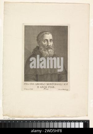 Portret van beeldhouwer Giovanni Angelo Montorsoli, Benedetto Eredi, nach Ignazio Enrico Hugford, nach Giorgio Vasari, 1760 - 1812 Druck, nummeriert unten: 132. Italien Papiergravur historischer Personen. Porträt, Selbstporträt des Bildhauers Stockfoto