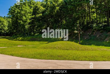 Unmarkiertes Berggrab bedeckt mit wunderschön gepflegtem grünem Gras im Waldpark an sonnigem Tag, Südkorea Stockfoto