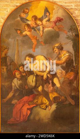 VICENZA, ITALIEN - 6. NOVEMBER 2023: Das Gemälde des Martyriums von St. Florian in Basilica dei Santi Felice e Fortunato von unbekanntem Künstler. Stockfoto