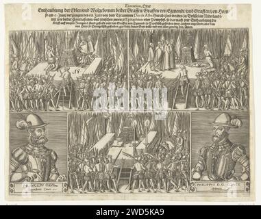 Die Enthauptung von Egmont und Horne, Wolfgang Meyerpeck, 1568 drucken die Enthauptung der Gräber von Egmond und Horne, 5. Juni 1568, in fünf Szenen. Über zwei Szenen, in denen die Gräber auf dem Gerüst knieten, während der Henker mit Schwert die Treppe zum Gerüst hinaufsteigt, links Horne, rechts Egmond. Am Boden des Gerüsts nach den Hinrichtungen, mit den Köpfen auf. Links das Porträt von Egmond, rechts Horne. Über dem Druck eine Inschrift mit dem langen Titel in 6 Zeilen auf Deutsch. Leipziger Papierstich / Buchdruck gewalttätiger Tod durch Enthauptung. Auf dem Gerüst oder Stockfoto