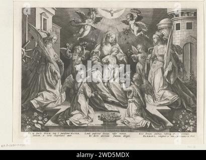 Marienverehrung mit dem christlichen Kind durch die H. Catharina von Alexandria und St. Barbara, Raphaël Sadeler (I), nach Jan van der Straet, drucken 1591 Maria mit dem Christuskind auf seinem Schoß in der Mitte. Neben ihren zwei Engeln mit Blumen. Vor ihren beiden knienden Engeln, die ihre Blumenkränze anbieten. Über ihr schwebt der Heilige Geist inmitten zweier Engel mit Blumenkränzen. Rechts von Maria Kneelt, der H. Barbara, mit ihren Attributen Schwert und Palmzweig in der Hand. Auf der linken Seite kniet H. Catharina das Rad neben ihr, mit einem Palmenzweig in der rechten Hand und ihrem Attribut. Köln Stockfoto