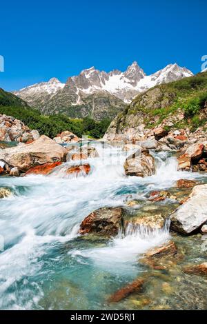 Fuenffingerstoeck, 2994m, Wendenhorn und Wasenhorn, Flusslauf, Meienreuss, am Sustenpass, Sommer, URI, Zentralschweiz, Schweiz Stockfoto