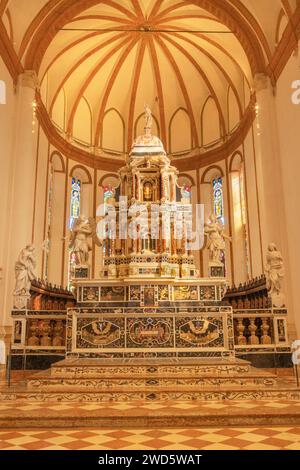 VICENZA, ITALIEN - 7. NOVEMBER 2023: Der Hauptaltar aus Marmor der Kirche Chiesa di Santa Corona von Corbarelli (1667–1669). Stockfoto