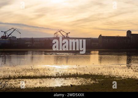 Aufgrund der starken Niederschläge in Form von Schnee und Regen wurde die Alarmstufe 3 an der Elbe in Dresden gemeldet. Der maximale Füllstand wird erwartet Stockfoto