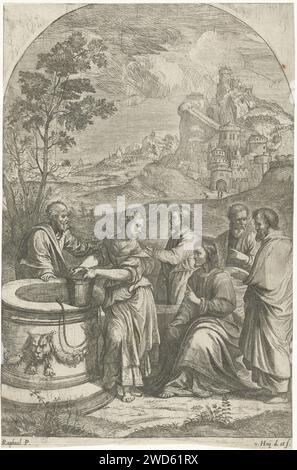 Christus und die samaritanische Frau Nikolaas van Hoy, nach Rafaël, 1641–1679 drucken Christus sitzend und mit erhobenem Finger im Gespräch mit der samaritanischen Frau mit einem Eimer in den Händen an der Quelle Jakobs. Ein paar Schüler um sie herum und eine Stadt im Hintergrund. Joh. 4: 1-30. Antwerpener Papier, das Christus und die Frau von Samaria ätzt: Sitzend am Brunnen Jakobs bittet er sie um einen Drink aus ihrem Krug Stockfoto