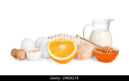 Allergene Lebensmittel. Verschiedene frische Produkte isoliert auf weiß Stockfoto