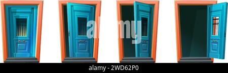 Illustrationen von Symbolen im Vektor-Zeichentrickstil. Sprite-Animation für das Spiel. Offen und Stufen der geschlossenen Tür, Hauseingang. Stock Vektor