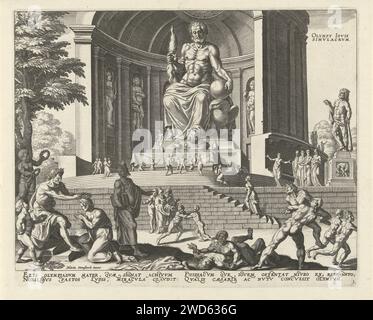 Zeus-Statue in Olympia, Anonym, nach Philips Galle, nach Maarten van Heemskerck, 1638 gedruckt das Bild von Zeus befand sich im dorischen Tempel von Olympia, auf dem griechischen Peloponnes. Sie wurde um 433 v. Chr. gegründet. Hergestellt vom Athener Bildhauer Phidias. Rechts vom Tempel ein Bild des Herkules. Auf der Treppe für die Tempelleute, die Zeus' Bild verehren. Im Vordergrund rechts olympische Wrestler und Reiter, links wird einer der Gewinner geehrt. Der Druck hat eine lateinische Unterschrift und ist Teil einer Serie über die acht Weltwunder. Nach Druck von: Antwerpen Design von: Haarl Stockfoto