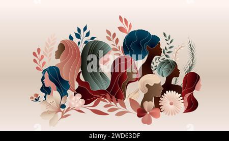 Gruppensilhouette multikultureller Frauen mit Blättern und Blumen. Internationaler Frauentag. Frauen verschiedener Kulturen. Banner Stock Vektor