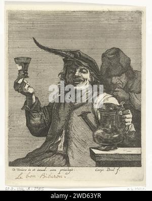 Wolen a man, it is a Roman Bolt, athoror, Sandya), 1635 -1688 Print Ein Mann sitzt in einem Pub am Tisch. Er hebt sein Glas und lacht. Ein anderer Mann stoppt seine Pfeife hinter ihm. Southern Netherlands Paper Etching inn, Coffee House, Public House, etc Stockfoto