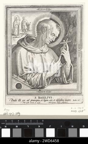 H. Basil de Grote, Jerome Wierix, Philips, 1563 – vor 1610 Druck St. Basilius der große, Bischof von Cäsarea, Gründer der kappadokischen Väter, mit einem Kruzifix in der Hand. Im Hintergrund hinterließ der heilige Basilius zusammen mit Kaiser Valens mit seinem kranken Sohn. Am Rande ein Bibelzitat von Sir. 45 in lateinischer Sprache. Antwerpener Papierstich Basilius der große (Basilius Magnus), Bischof von Cäsarea; mögliche Attribute: Taube, (Säule des) Feuers Stockfoto