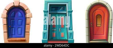 Illustration im Cartoon-Stil. Hölzerne Eingangstüren in blau, rot, grün, Steinbogen Burg mittelalterlicher Eingang. Stock Vektor