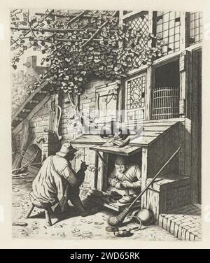 Schuhmacher im Geschäft für sein Haus und ein Kunde, Anonym, nach Adriaen van Ostade, 1671 - 1745 Druck Ein Schuhmacher ist in einem kleinen Geschäft vor seinem Haus, ein Kunde wartet auf einen Hocker auf die Reparatur eines Schuhs. Auf dem niedrigen Dach des Ladens steht ein schlafender Hund. Kopie auf einen Druck von Adriaen van Ostade Mat einige Anpassungen und Spiegelverkehr. Papierätzer Schuhmacher, Schuster Stockfoto