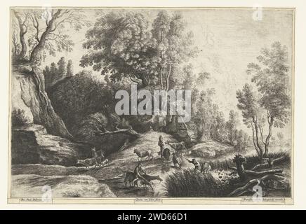Pferde und Kühe an einem Trinkplatz, Lucas van Uden, nach Peter Paul Rubens, 1615–1673 drucken Trinkplatz an einem Waldrand, mit Pferden, Kühen und ihren Hirten. Niederländer Papierätzung / Gravur / Stiftbewässerung, Spa. Hirten, Hirten, Hirten, Hirten, Hirten, Hirten, Hirten, Kuhhirte usw. Pony, Rand des Holzes Stockfoto