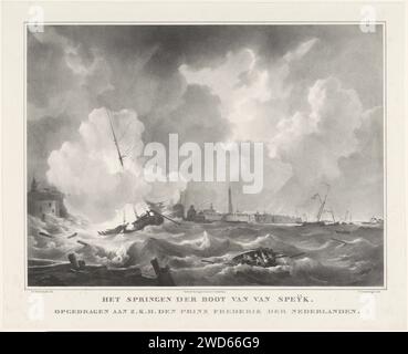 Explosion von Jan van Speijks Boot, 1831, Gijsbertus Craeyvanger, nach Johannes Christiaan Schotel, nach Petrus Johannes Schaellel, 1831 Print Ansicht der Schelde mit dem Springen in der Luft von Jan van Speijks Kanonenboot, 5. Februar 1831. Im Vordergrund eine Schaluppe, die zum Kanonenboot gerudert wurde. Siehe auch Hängegerät. Druckerei: Niederlandsprinter: Amsterdam Paper Navy (+ Segelschiffe). Schießpulver-Katastrophe. Selbstaufopferung, Tod im Dienste eines höheren Zwecks Antwerpen. Waagen Stockfoto