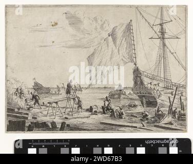 Scheepswerf, Reinier Nooms, 1650 - 1664 Print Werft mit Männern am Kai und drei großen Segelschiffen im Bau, die im Werft liegen. Niederlande Papierätzung Bau eines Schiffes, Schiff im Bau. Werftarbeiter Stockfoto