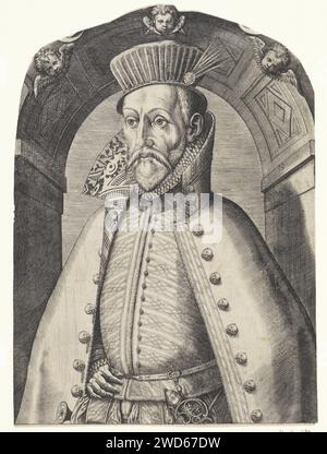 Porträt von Gaspard de Coligny, Anonym, 1550–1600 Druck Er trägt einen Plisseehut, die Knoten seines Mantels bestehen aus satinierten Köpfen. Es ist unter einem runden Bogen mit drei Cherubs dekoriert. Antwerpener Papiergravur von Cherubs, d. h. Kinderköpfen mit Flügeln Stockfoto