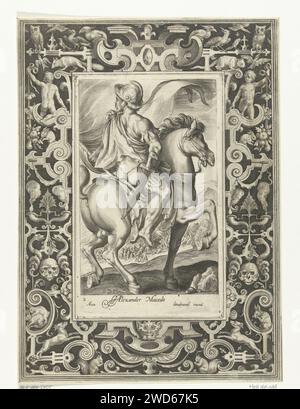 Held Alexander der große zu Pferd im Rahmen mit Ornamenten, Nicolaes de Bruyn, 1581 - 1594 Druck Hero Alexander der große zu Pferd. In rechteckigem Rahmen mit Lockenschmuck und verschiedenen Tieren wie Hunden, Kaninchen und Schlangen. Zwei Jungs halten Feste mit Obst ab. An der Spitze wird die Lockenarbeit von zwei Eulen und anderen Vögeln flankiert. Niederlande Papierstich Alexander (einer der neun Wertsachen) Stockfoto