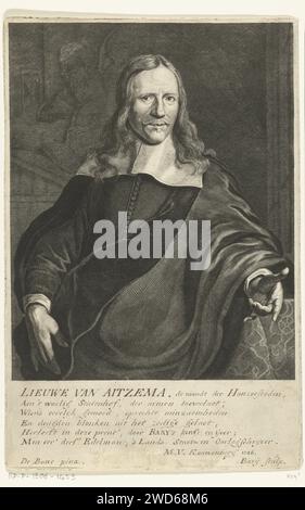 Porträt von Lieuwe van Aitzema, Hendrik Bary, nach Jan de Baen, 1666 gedruckter niederländischer Papierstich Stockfoto