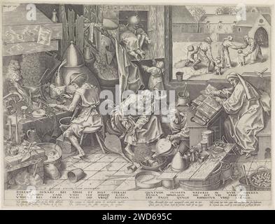 Alchemist, Philips Galle, nach Pieter Bruegel (I), 1595 - 1633 print Familie der Alchemisten am Arbeitsplatz. Links schmilzt ein Mann Metall auf einem Herd und in der Mitte wird ein Feuer mit Windbällen angezündet. Rechts ein Gelehrter hinter Büchern. Drei Kinder entkommen dem Chaos, indem sie eine Luke krabbeln. Im Hintergrund sehen Sie, wie die Familie in einem Gästehaus oder Krankenhaus versorgt wird. Unter der Show zwei dreizeilige Strophen in lateinischer Sprache. Antwerpener Papierstich-Alchemist bei der Arbeit. Feuer, Ofen, Ofen  Inneres der industriellen Struktur. Buch - MM - Buch geöffnet. Faltenbalg. Die Armen Stockfoto