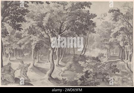 Fünfte Vision von Ezra, Nicolaes de Bruyn, 1630–1684 drucken die fünfte Vision von Ezra. In einem Haufen brüllt ein Löwe in den Himmel, wo sich ein brennender Adler mit drei Köpfen verschlingt. Links im Vordergrund erklärt ein Engel dem Propheten Esra (2 Esra) die Vision. Druckerei: Antwerpen: Amsterdam Papiergravur Ezras Vision vom Adler und Löwen (2 Esdras 11-12) (+ Engel) Stockfoto