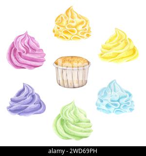 Süße Regenbogenmuffins. Bannerset mehrfarbige Cupcakes. Süße Schlagsahne Desserts. Food Clipart. Handgezeichnete Aquarellillustration isoliert auf Stockfoto