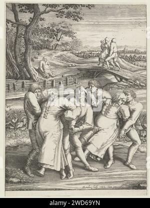 Epileptiker und ihre Betreuer auf dem Weg zur Brücke bei Molenbeek, Hendrick Hondius (I), nach Pieter Bruegel (I), 1642 drucken zwei epileptische Frauen werden von ihren männlichen Betreuern auf der Pilgerreise von Epileptikern nach Molenbeek bei Brüssel auf dem Sint Jansdag mitgenommen. Dort müssen sie über die Brücke tanzen, um ein Jahr lang von ihrer Epilepsie geheilt zu werden. Im Hintergrund wird eine Frau über die Brücke getragen. Eine Frau ruht auf der anderen Straßenseite. Die Haager Papiergravur Pilger(n). Krankheiten, die den ganzen Körper betreffen Sint-Jans-Molenbeek Stockfoto