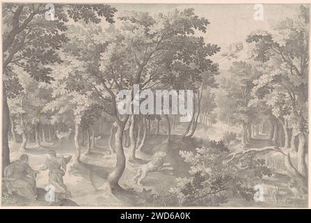 Fünfte Vision von Ezra, Nicolaes de Bruyn, 1687–1749 drucken die fünfte Vision von Ezra. In einem Haufen brüllt ein Löwe in den Himmel, wo sich ein brennender Adler mit drei Köpfen verschlingt. Links im Vordergrund erklärt ein Engel dem Propheten Esra (2 Esra) die Vision. In der oberen rechten Ecke das Tetragramm als Symbol für Gott den Vater. Druckerei: Antwerpen: Paris Papierstich Ezra und der Erzengel Uriel (2 Esdras 4:1). Ezras Vision des Adlers und des Löwen (2 Esdras 11-12) (+ Engel). Esras Vision des Adlers und des Löwen (2 Esdras 11-12) (+ Gott der Vater in Form von Licht Stockfoto