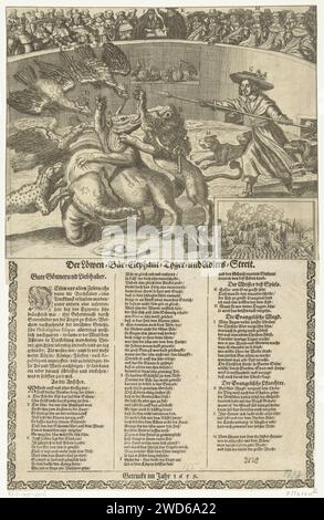 Allegorie zum Nordkrieg, CA. 1658, Anonym, 1659 Druck Allegory on the Northern war, CA. 1658. In einer Arena ein Kampf zwischen einem Löwen (Niederlande), Bier (Schweden), einem Elefanten (Dänemark), einem Tiger und drei Adlern (Polen, Preußen und dem Deutschen Reich). Der Kampf wird von Cromwell mit seinen Hunden kontrolliert. Die europäischen Fürsten beobachten als Audienz, in der Mitte die evangelische Jungfrau und den evangelischen Prediger. Unten rechts eine Wette mit einem Kampf zwischen Schiffen auf einem Schloss Kronborg. Unter der Zeitschrift ist ein Text in 3 Spalten auf Deutsch mit einer Erklärung der Buchstaben A-M. Deutschland Stockfoto